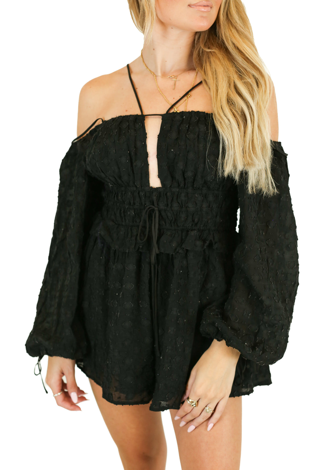 Tularosa Textured Black Long-Sleeved Romper (S)