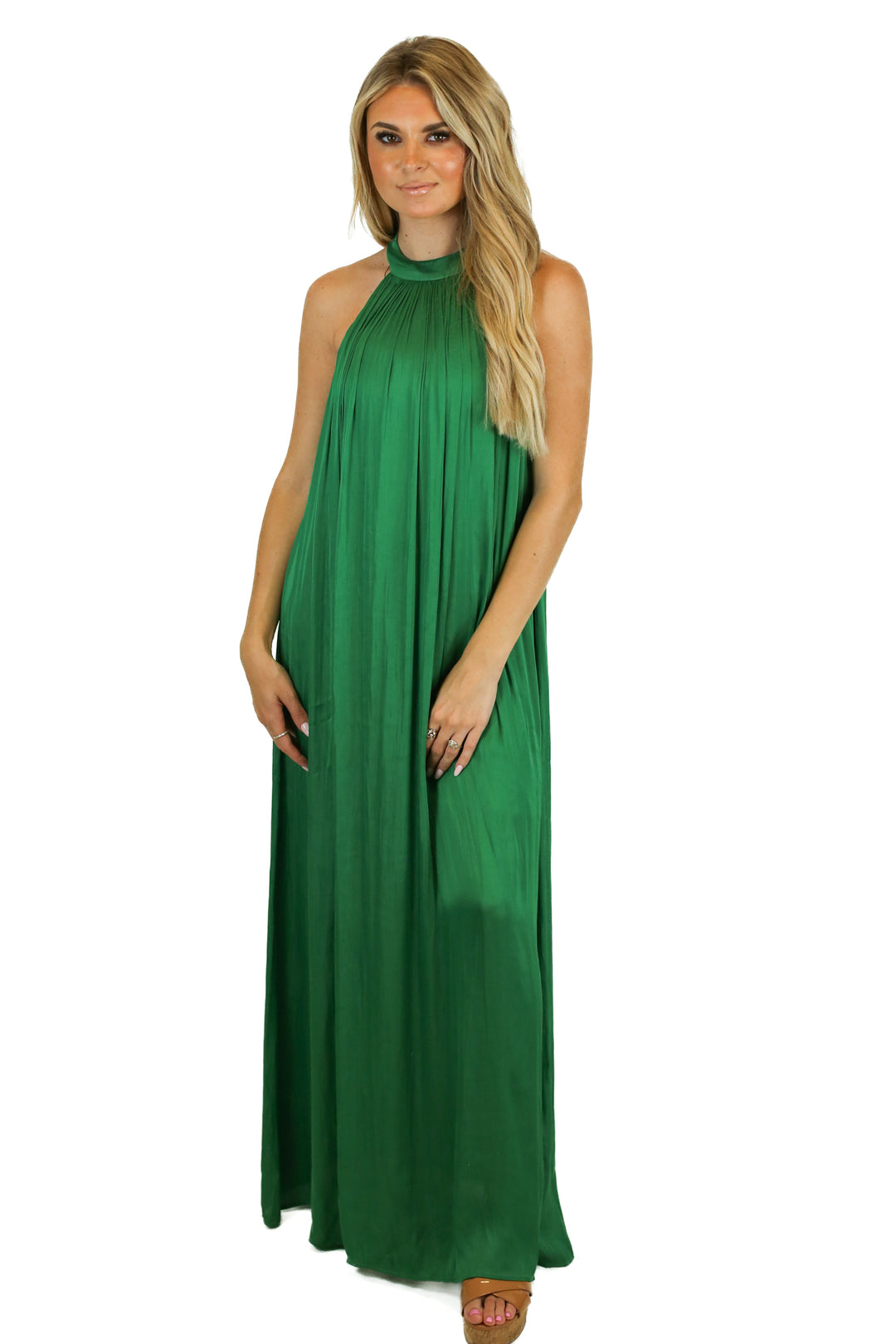 Strut & Bolt Green Halter Silky Maxi Dress (S)