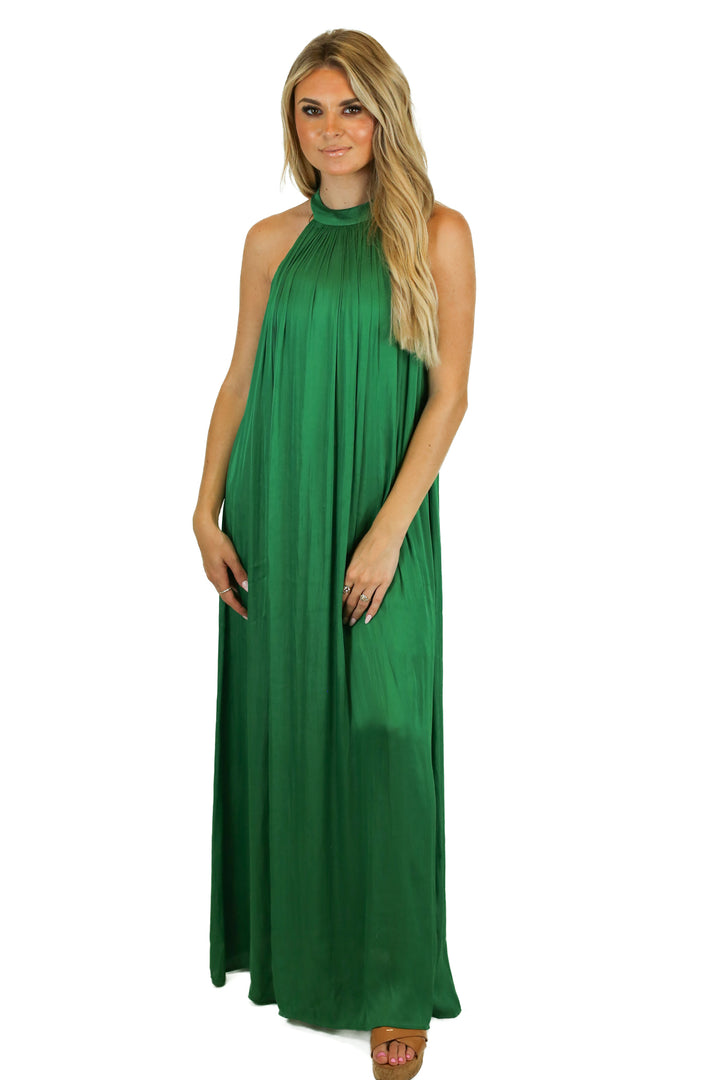 Strut & Bolt Green Halter Silky Maxi Dress (S)
