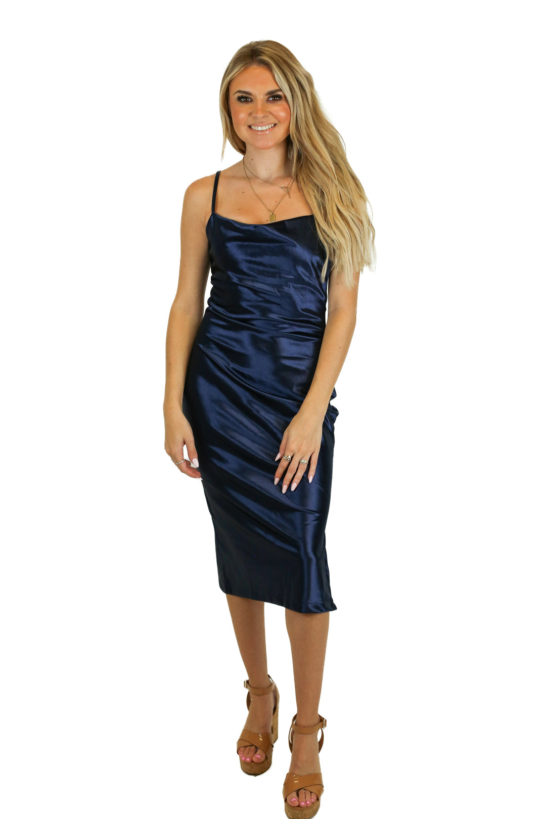 Xxxiticat Navy Satin Midi Dress (S)