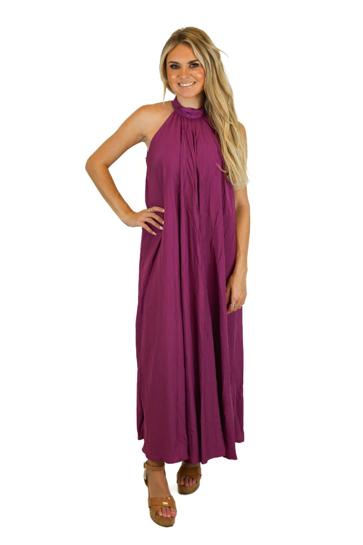 Aura Purple Halter Neck Plain Midi A-Line Dress NWT (S)