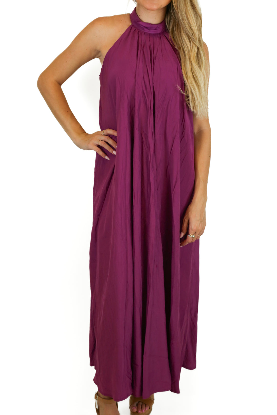 Aura Purple Halter Neck Plain Midi A-Line Dress NWT (S)