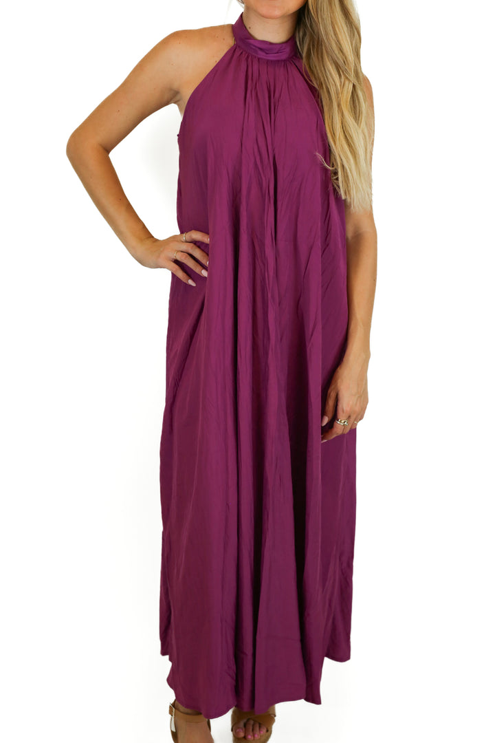 Aura Purple Halter Neck Plain Midi A-Line Dress NWT (S)