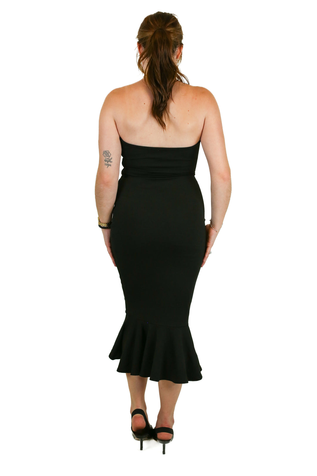 Superdown Black Strapless Ruffle Hem Midi Dress (XS)