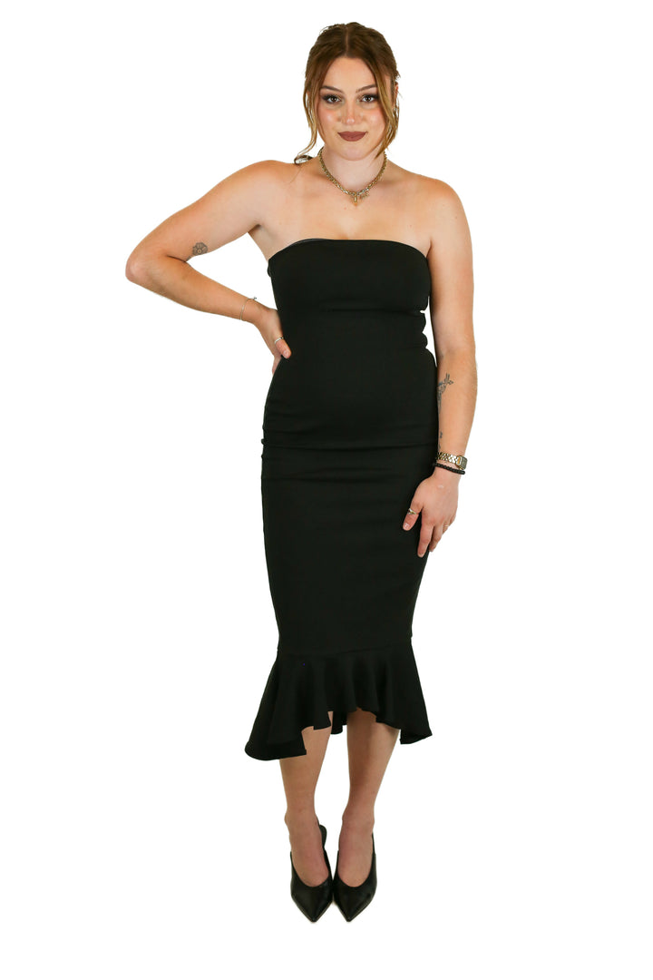 Superdown Black Strapless Ruffle Hem Midi Dress (XS)