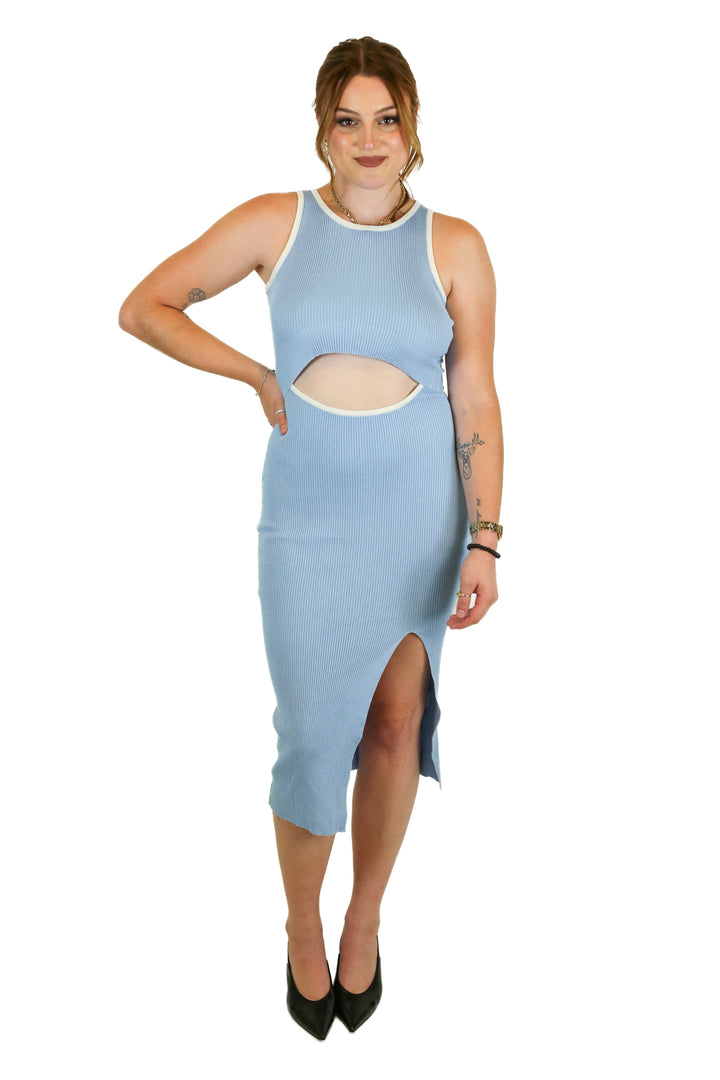 Light Blue Rib Knit Cutout Midi Dress (XS)
