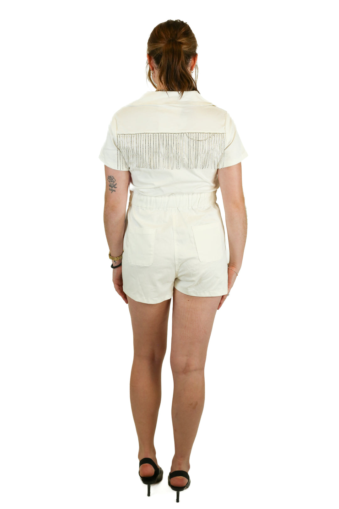 Buddy Love Cream Romper with Fringe Rhinestone Back NWT (S)