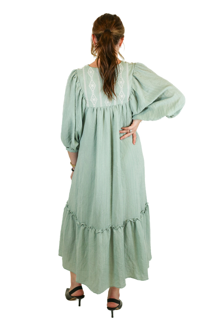 Aura Sage Green Embroidered Midi Dress (S)