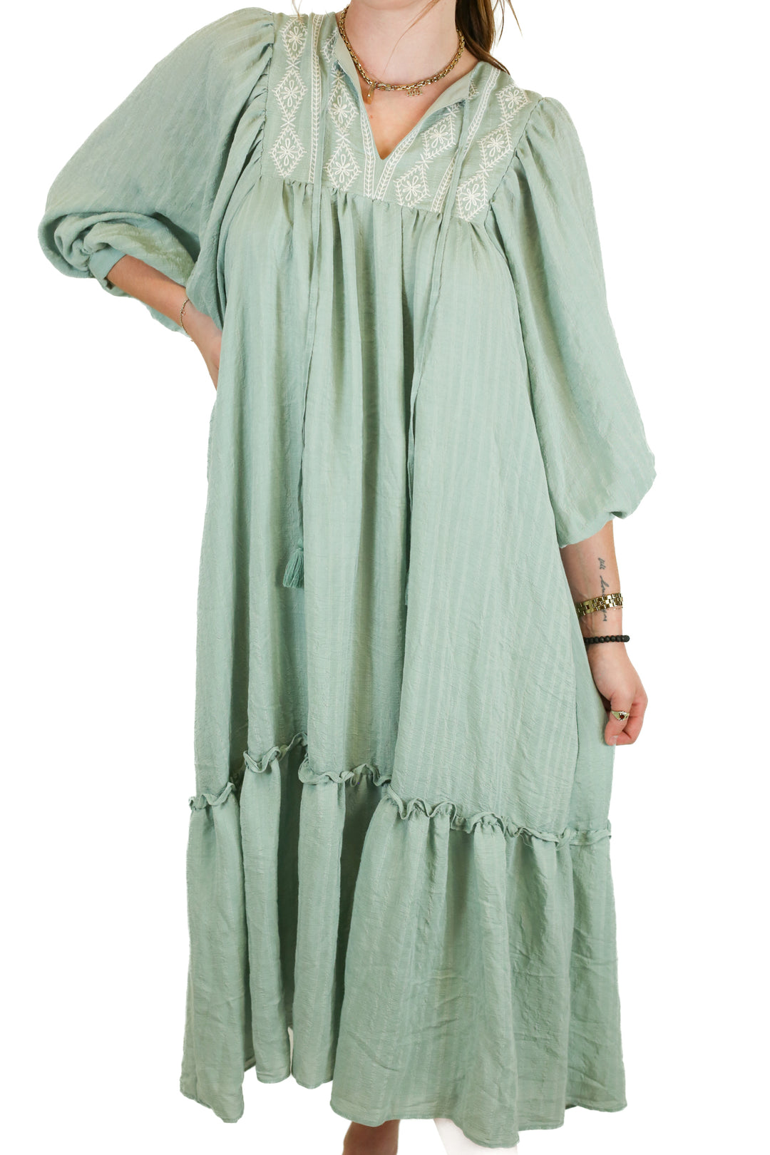 Aura Sage Green Embroidered Midi Dress (S)