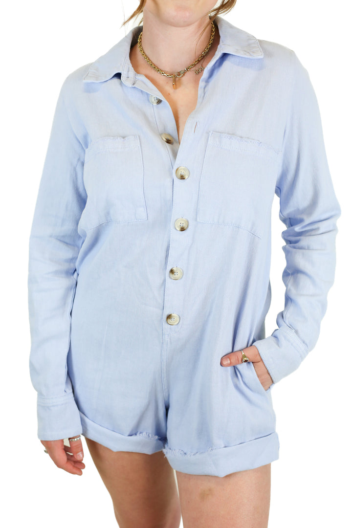 Show Me Your Mumu Light Blue Chambray Long-Sleeve Romper