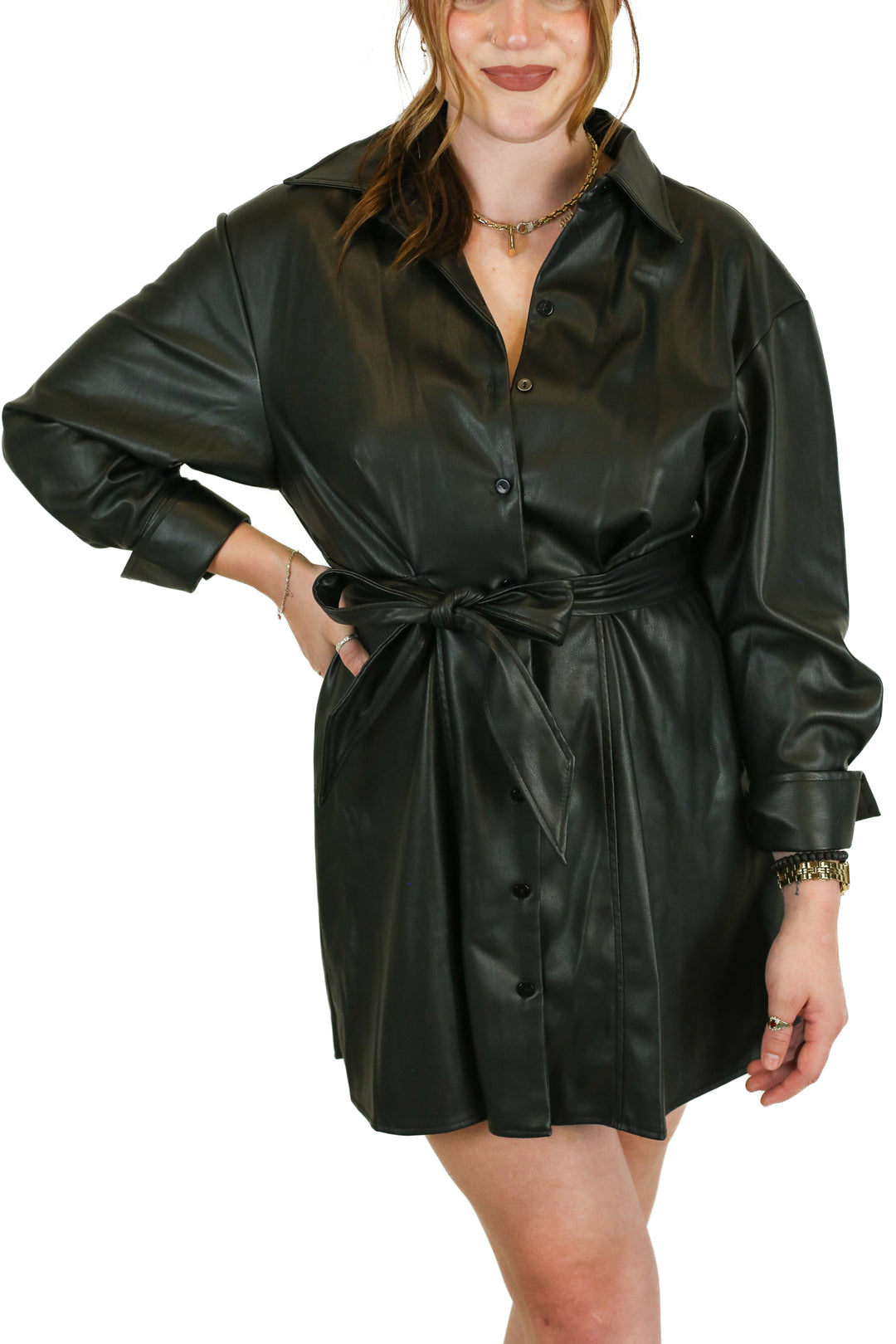 Zara Black Vegan Leather Belted Dress (XS)