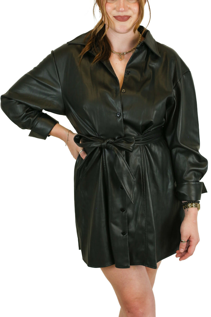Zara Black Vegan Leather Belted Dress (XS)