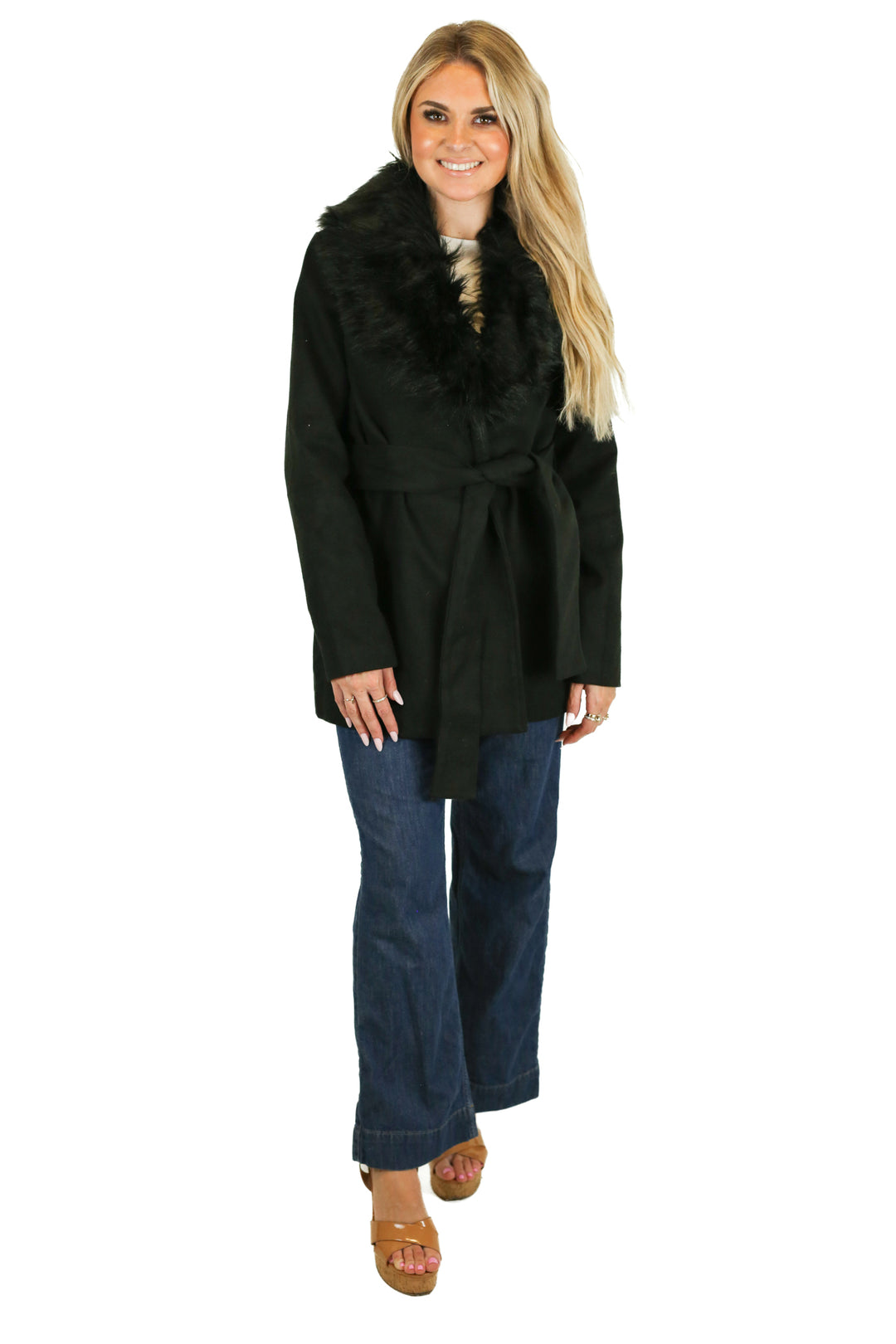 On Twelfth Black Coat With Faux Fur Trim (S)