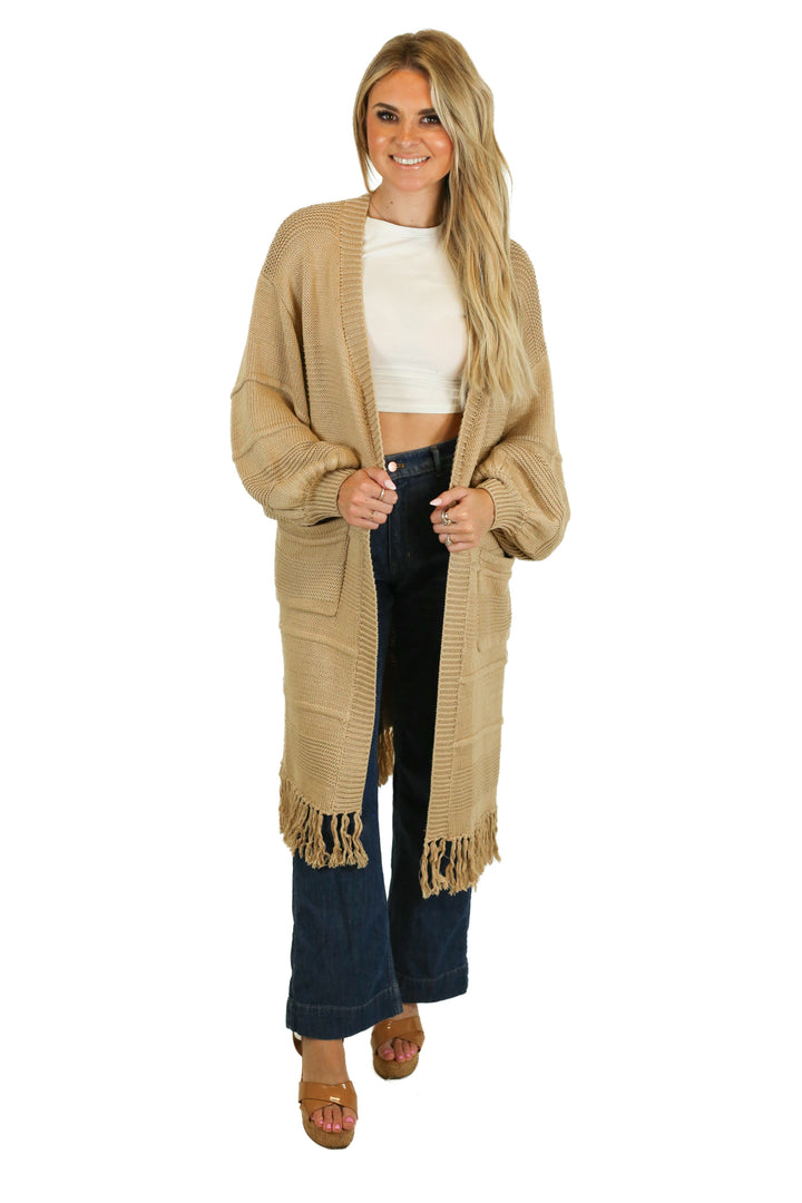 Esther & Co. Camel Fringe Duster Cardigan (m; retail $62)