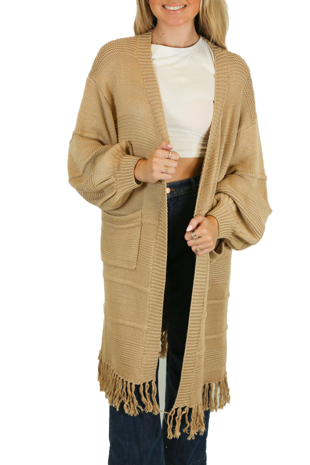 Esther & Co. Camel Fringe Duster Cardigan (m; retail $62)
