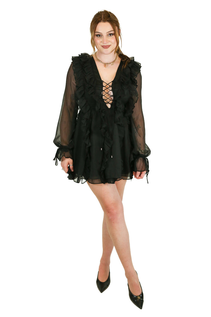 Endless Rose Black Long Sleeve Ruffle Dress (XS; retail $100)