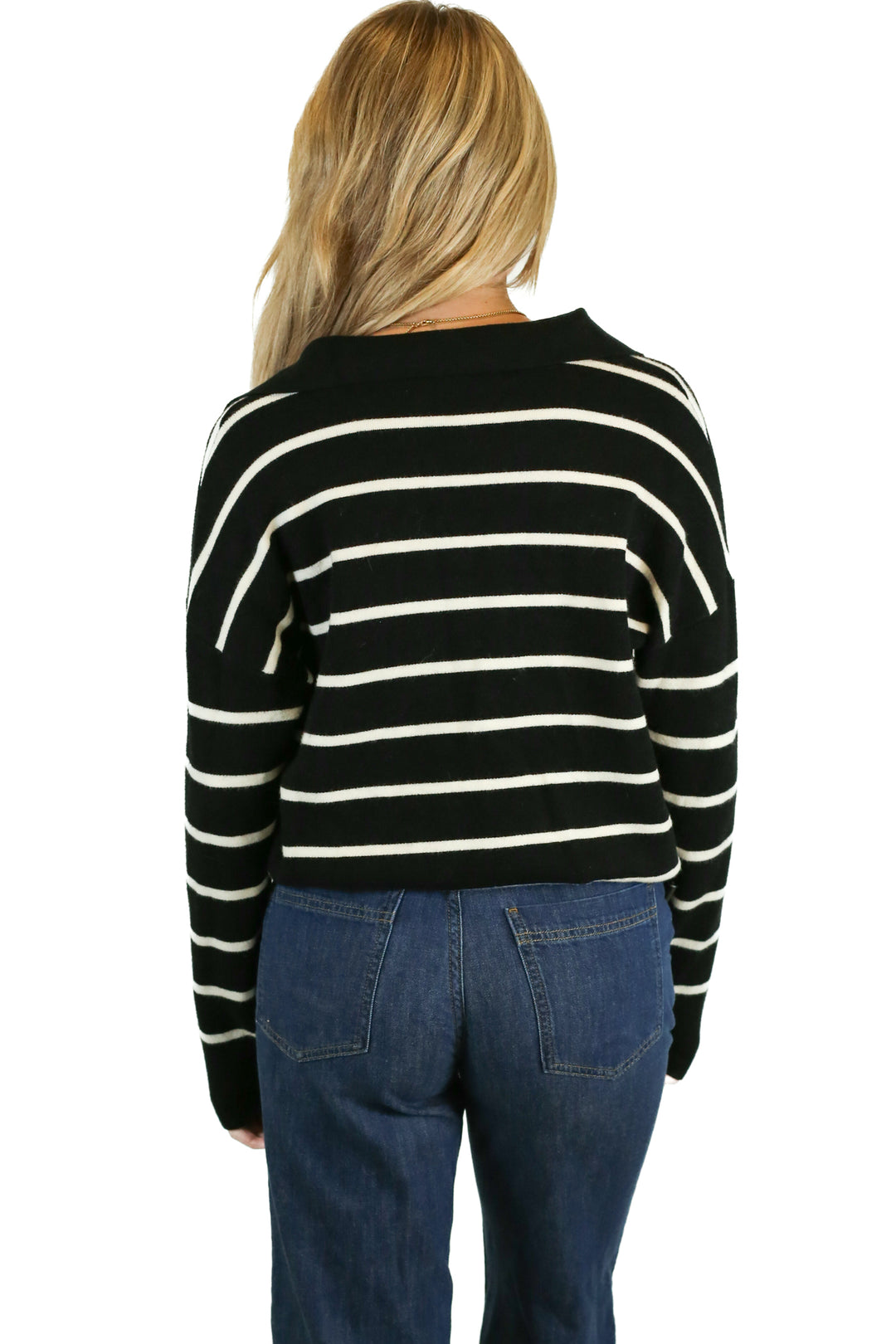 Fashion Black & Cream Stripe Polo V-neck Sweater(M)