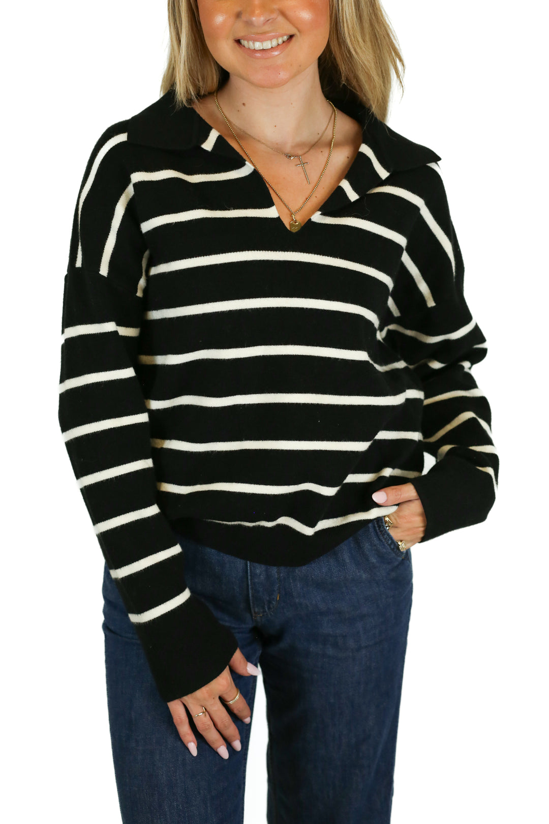 Fashion Black & Cream Stripe Polo V-neck Sweater(M)