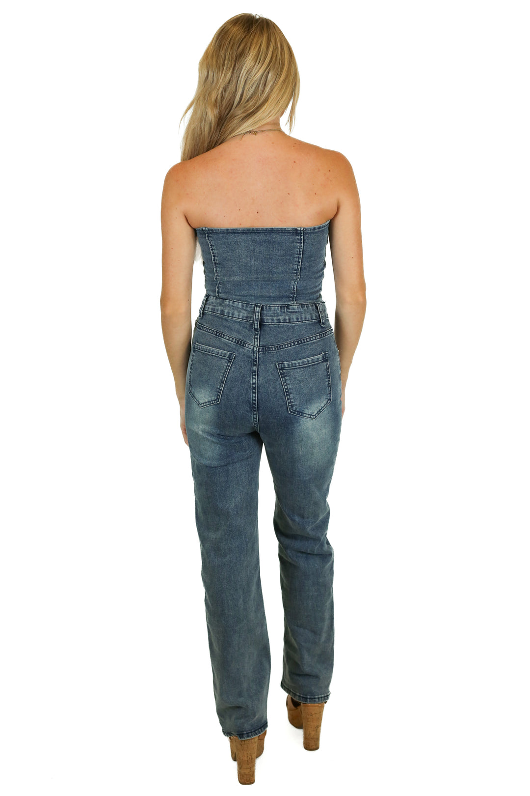 Pink Lily Blue Denim Strapless Sweetheart Neckline Jumpsuit (S)