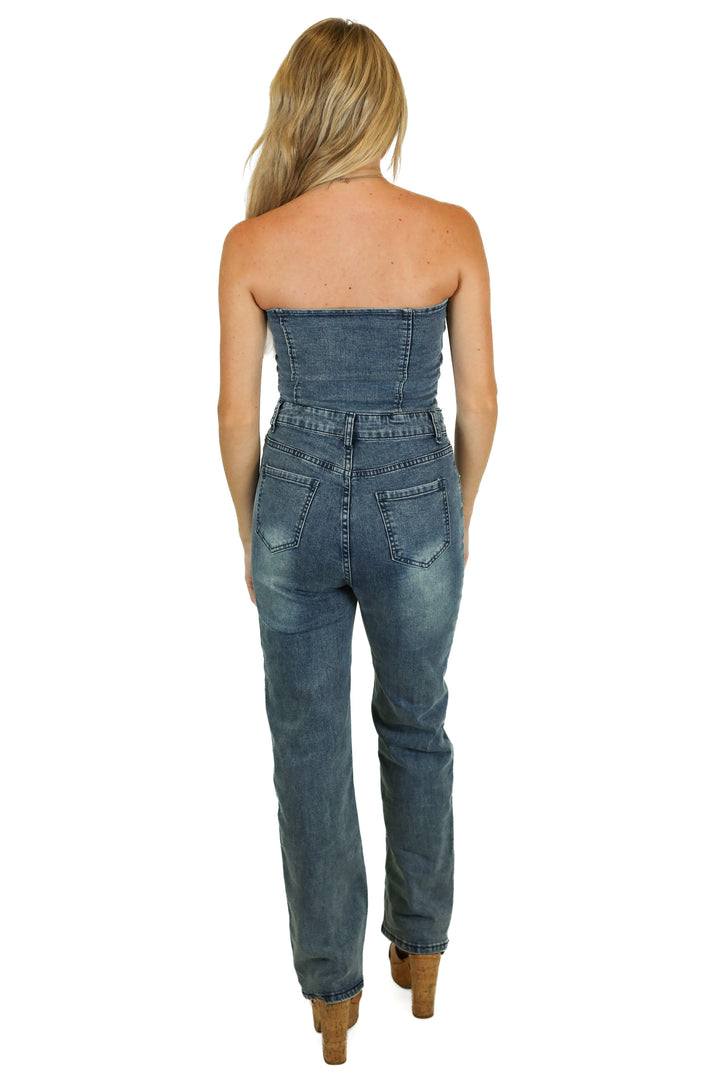 Pink Lily Blue Denim Strapless Sweetheart Neckline Jumpsuit (S)