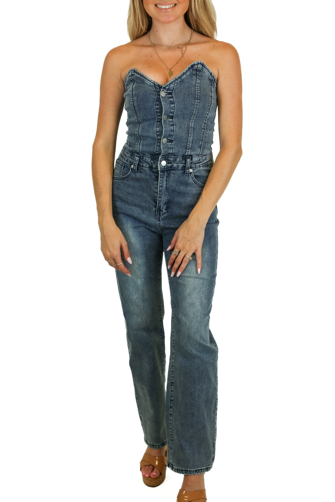 Pink Lily Blue Denim Strapless Sweetheart Neckline Jumpsuit (S)