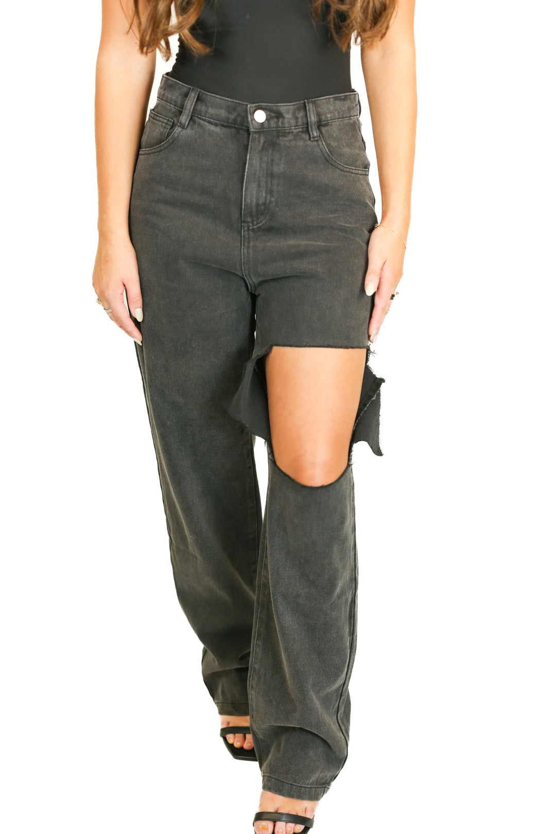 The Kript Black High Rise Slit Thigh Boyfriend Jeans  (L)