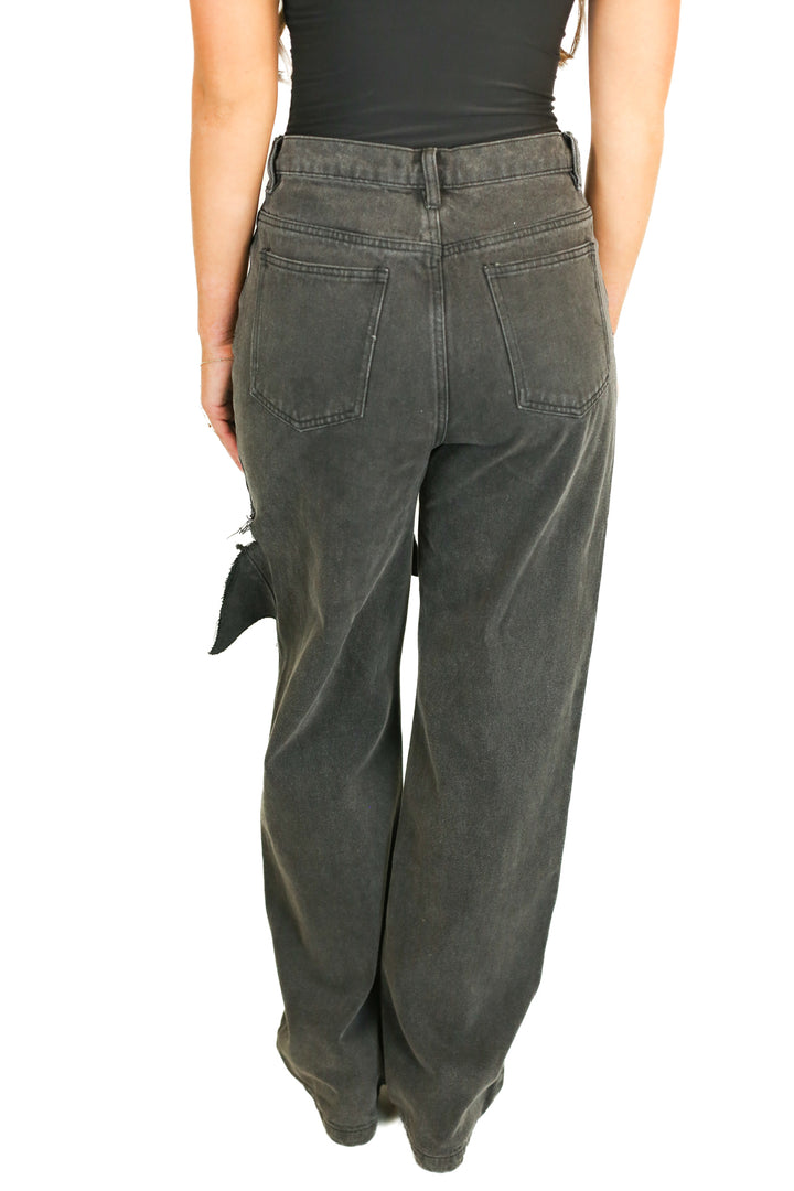The Kript Black High Rise Slit Thigh Boyfriend Jeans  (L)