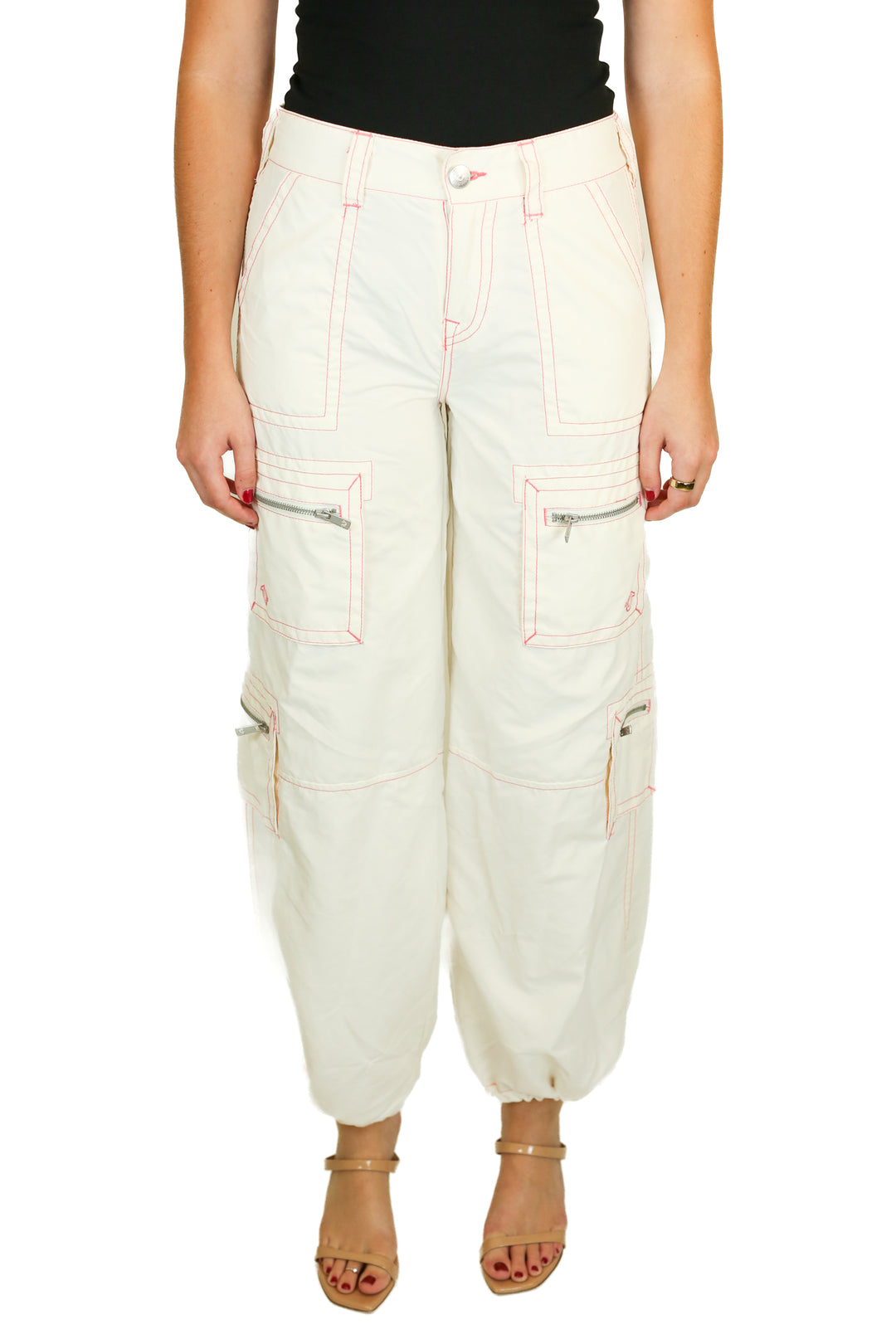 True Religion Cream & Pink Stitched Wide Leg Cargo Pants (27)