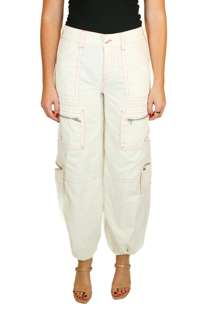 True Religion Cream & Pink Stitched Wide Leg Cargo Pants (27)