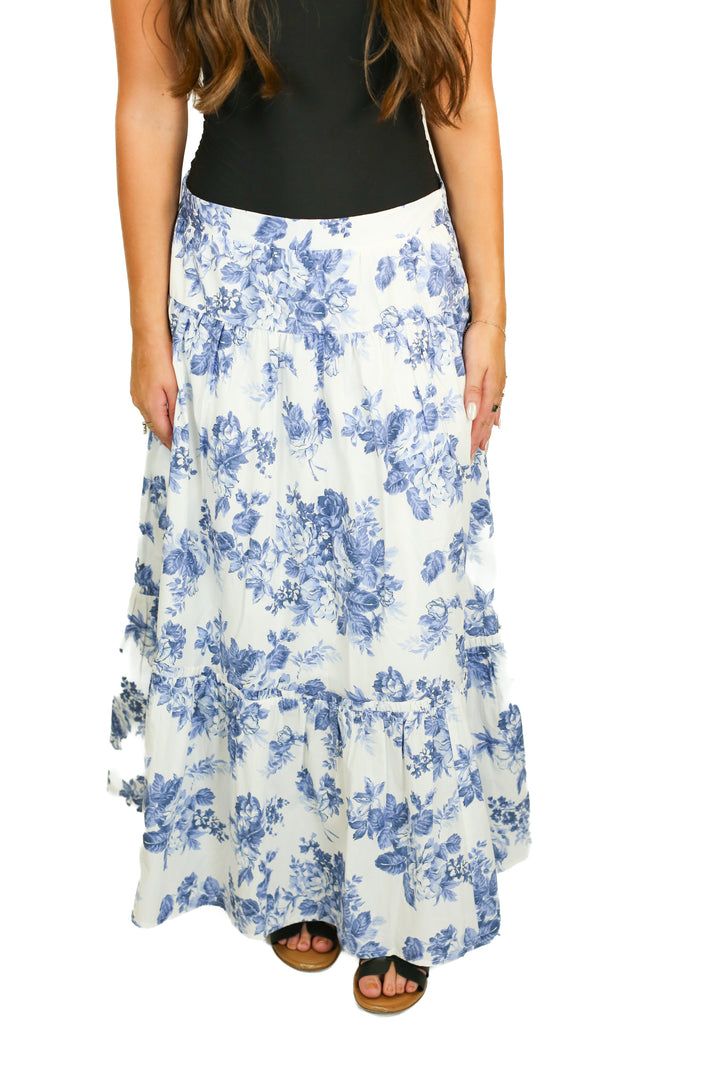 Abercrombie Blue & White Floral Tiered Maxi Skirt NWT (M; Retail $80)