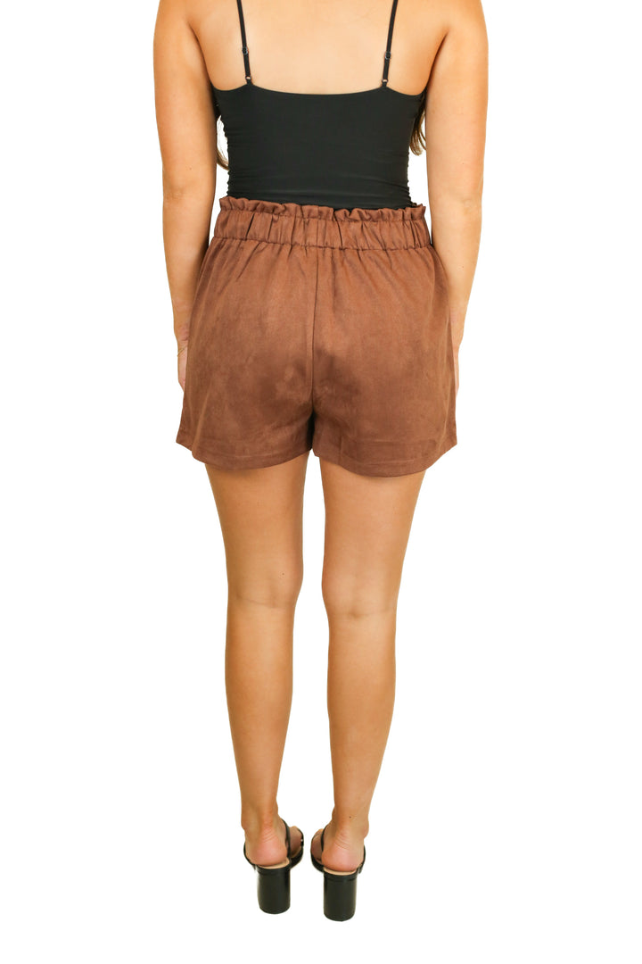 Pink Lily Brown Suede Paperbag Waist Shorts (M)