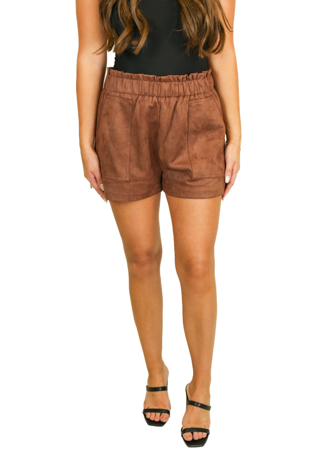 Pink Lily Brown Suede Paperbag Waist Shorts (M)