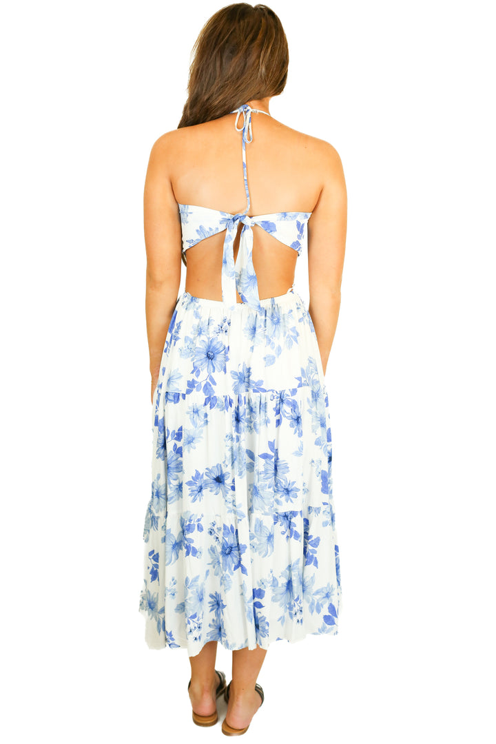 Lulu's Blue Floral Halter Cutout Midi Dress NWT (S; retail $75)