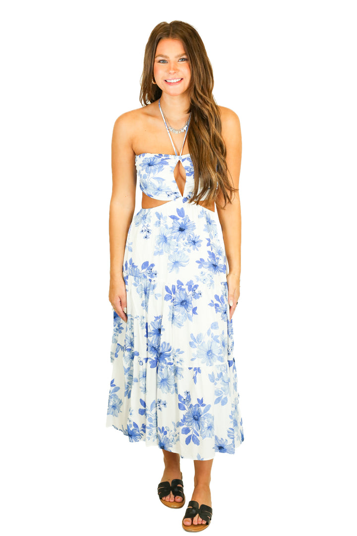 Lulu's Blue Floral Halter Cutout Midi Dress NWT (S; retail $75)