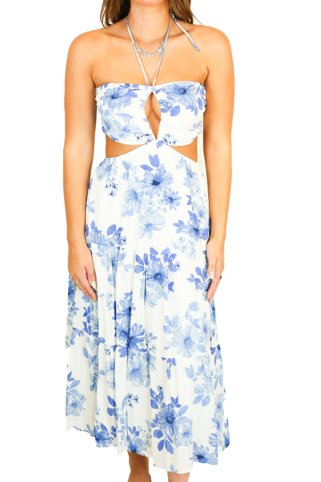 Lulu's Blue Floral Halter Cutout Midi Dress NWT (S; retail $75)