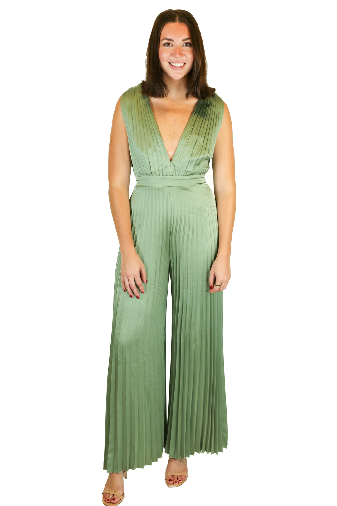 Abercrombie Green Satin Pleated Jumpsuit (S)