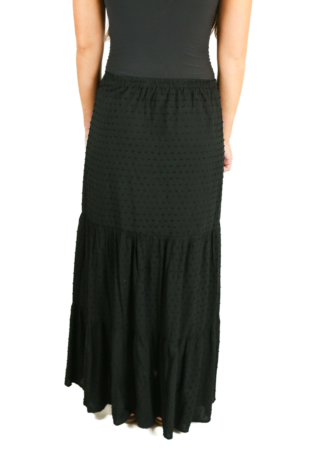 Pink Lily Black Swiss Dot Tiered Maxi Skirt (M)