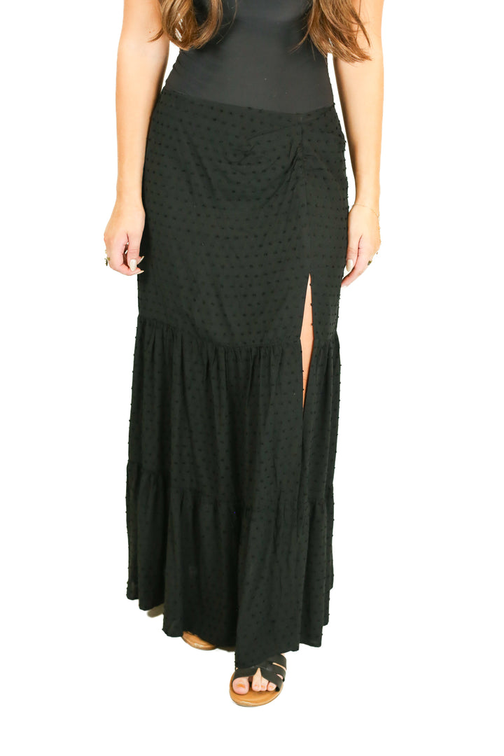 Pink Lily Black Swiss Dot Tiered Maxi Skirt (M)