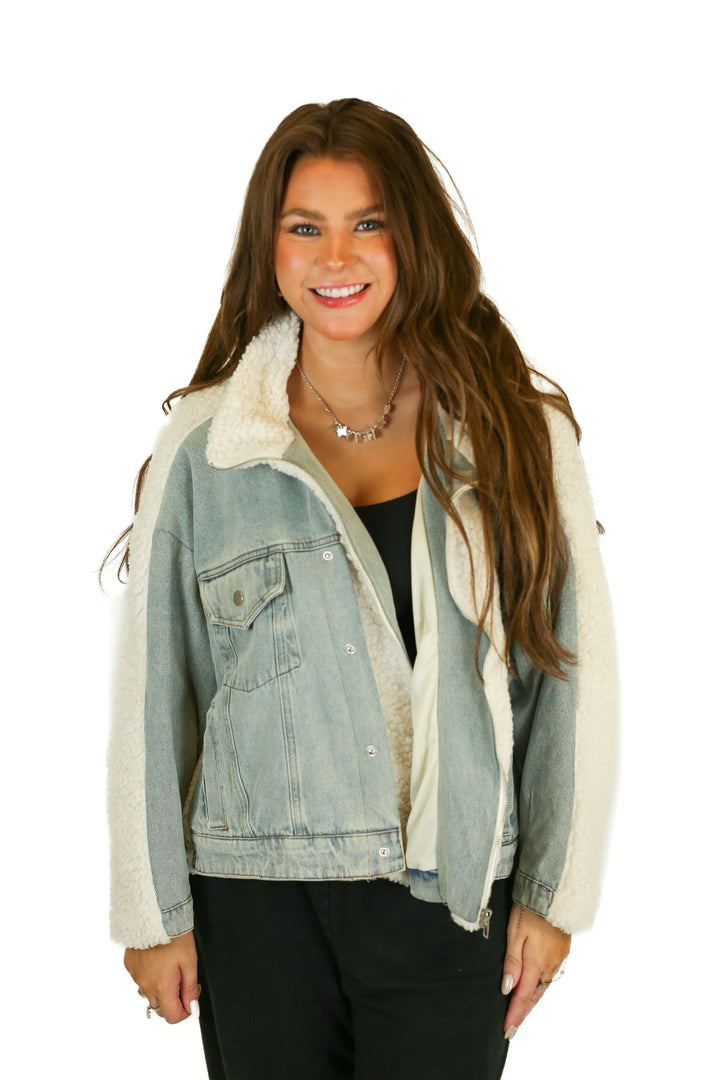 Mable Light-Wash Denim and Sherpa Jacket (M)