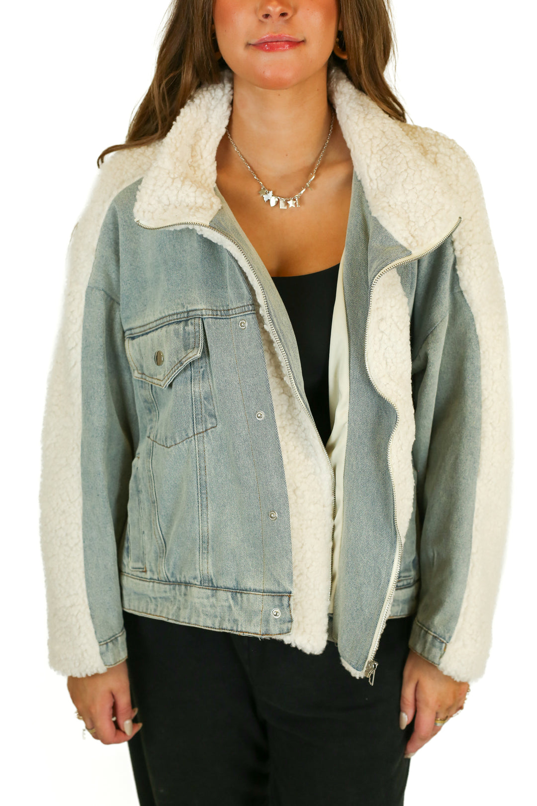 Mable Light-Wash Denim and Sherpa Jacket (M)