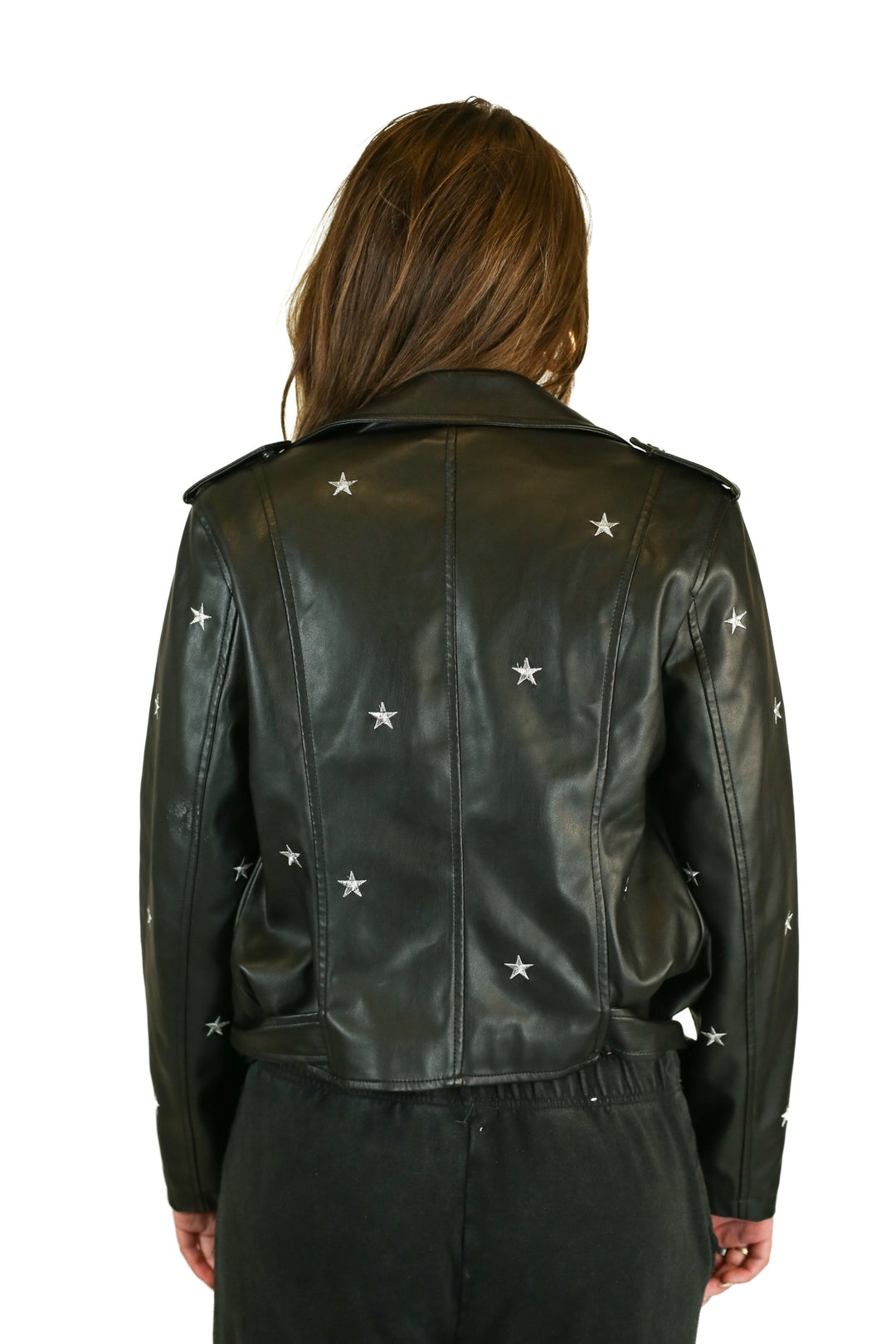 Superdown Black Embroidered Stars Faux Leather Moto Jacket (M)