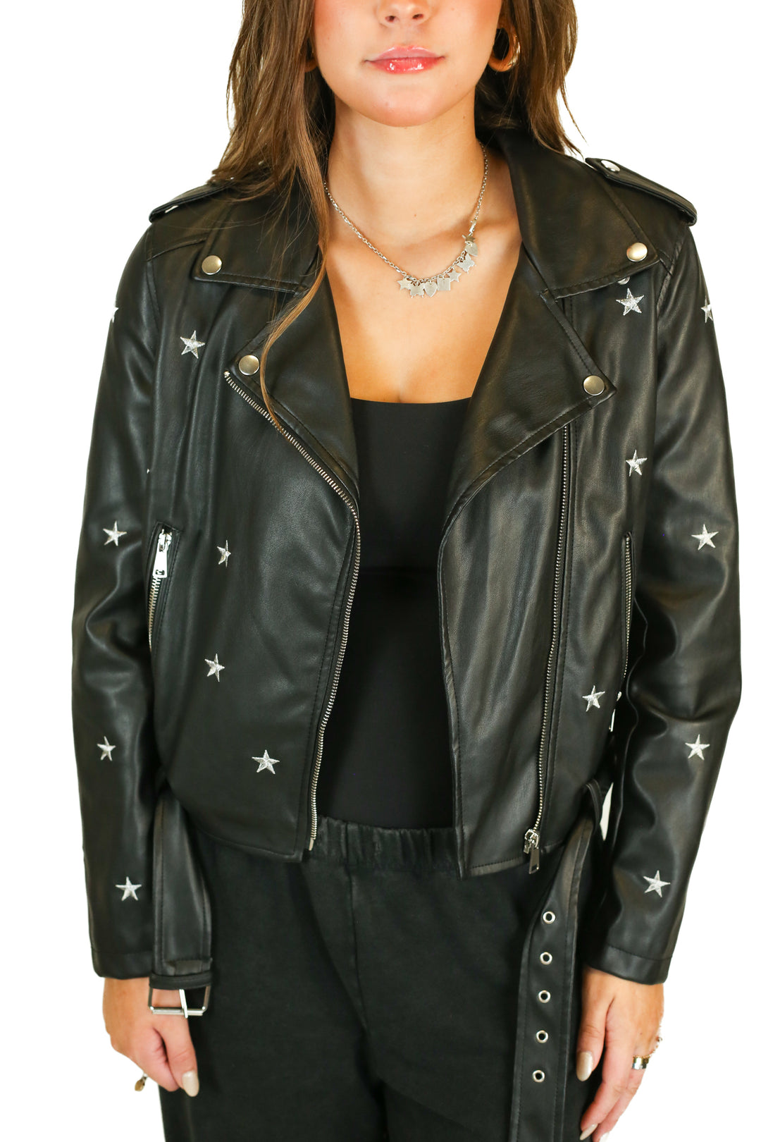 Superdown Black Embroidered Stars Faux Leather Moto Jacket (M)