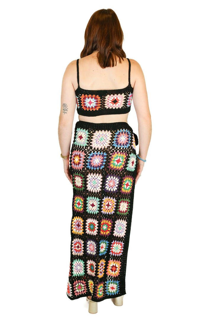 Boohoo Black Patchwork Crochet Bralette & Maxi Skirt Set NWT (M)