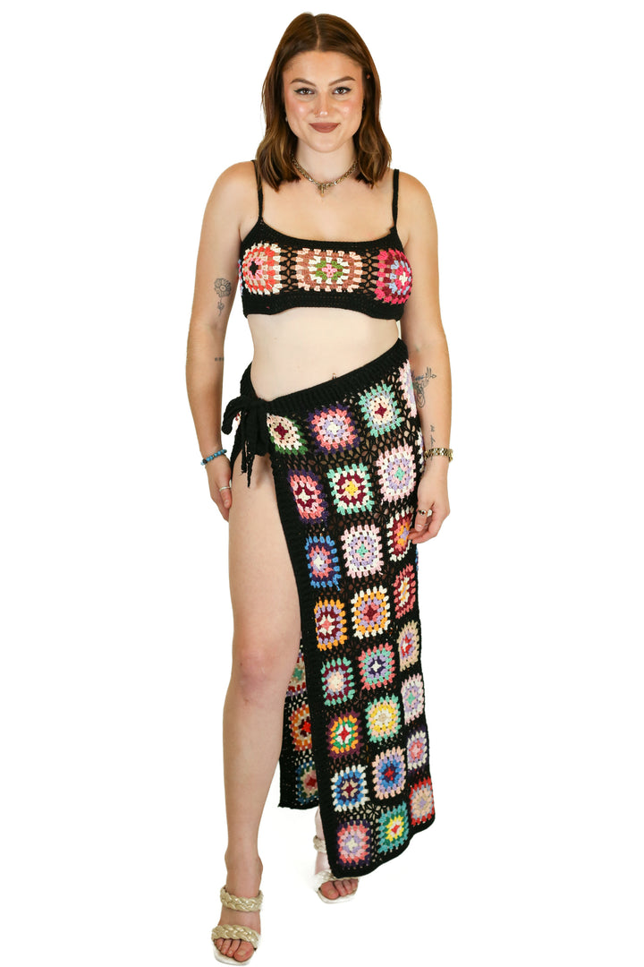 Boohoo Black Patchwork Crochet Bralette & Maxi Skirt Set NWT (M)