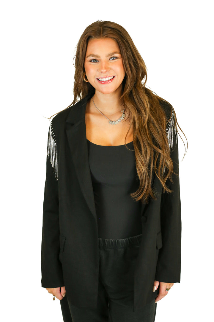 Blue B Black Rhinestone Fringe Blazer NWT (M)
