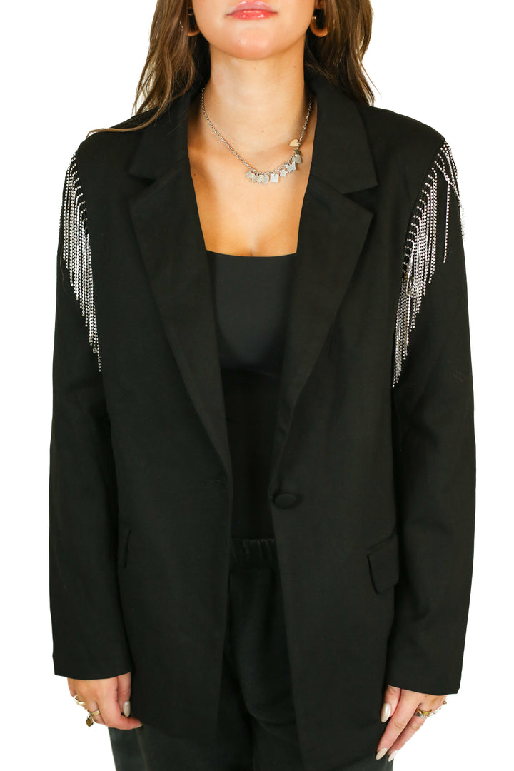 Blue B Black Rhinestone Fringe Blazer NWT (M)
