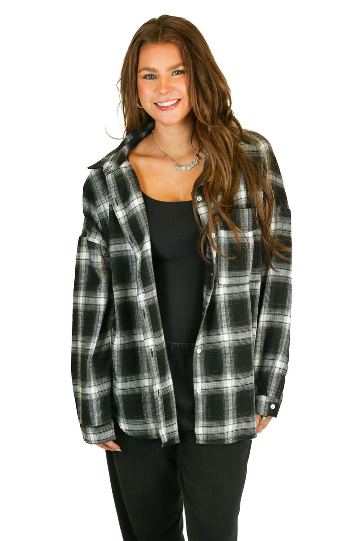 Pink Lily Black Plaid Soft Flannel Shirt (L)
