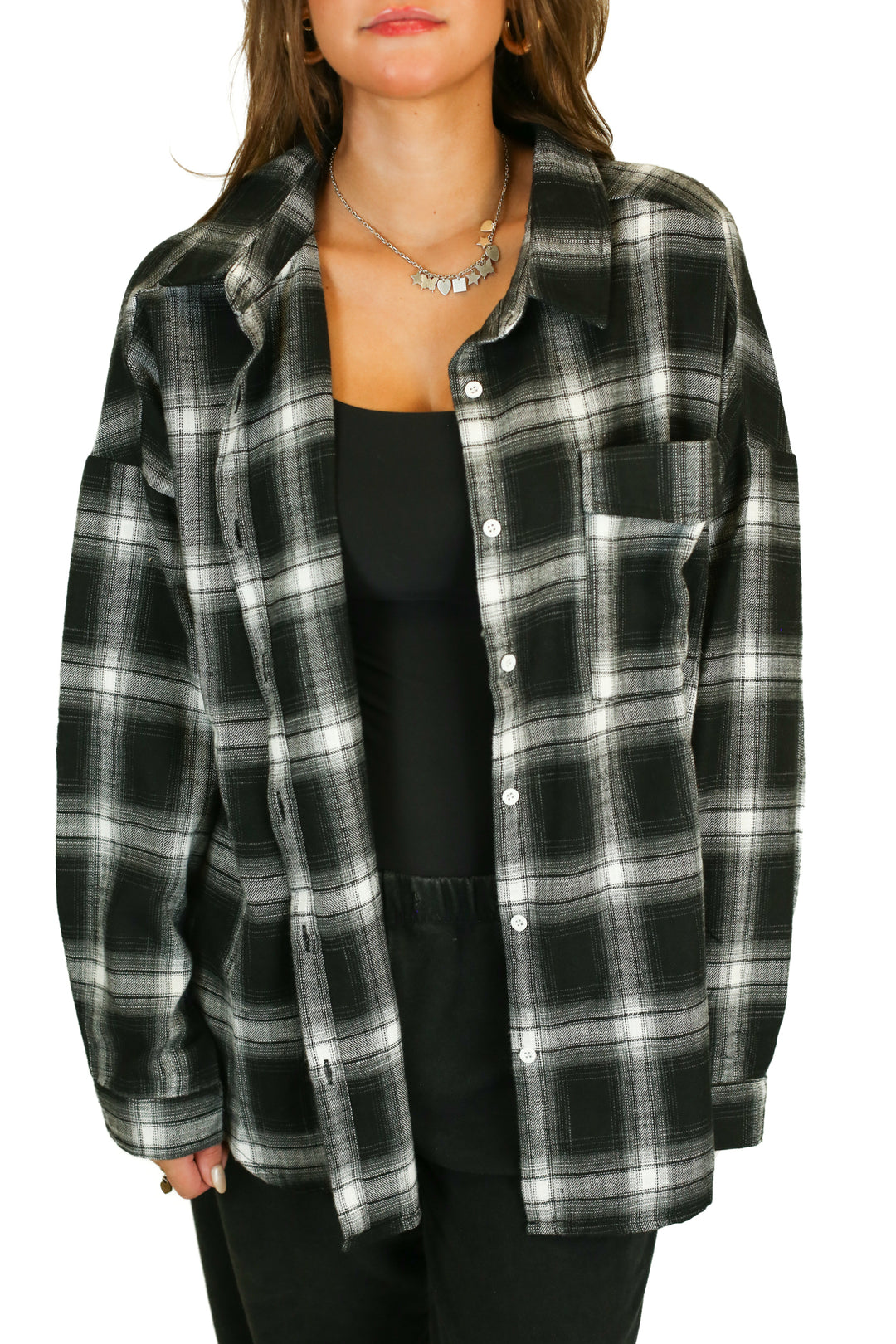 Pink Lily Black Plaid Soft Flannel Shirt (L)