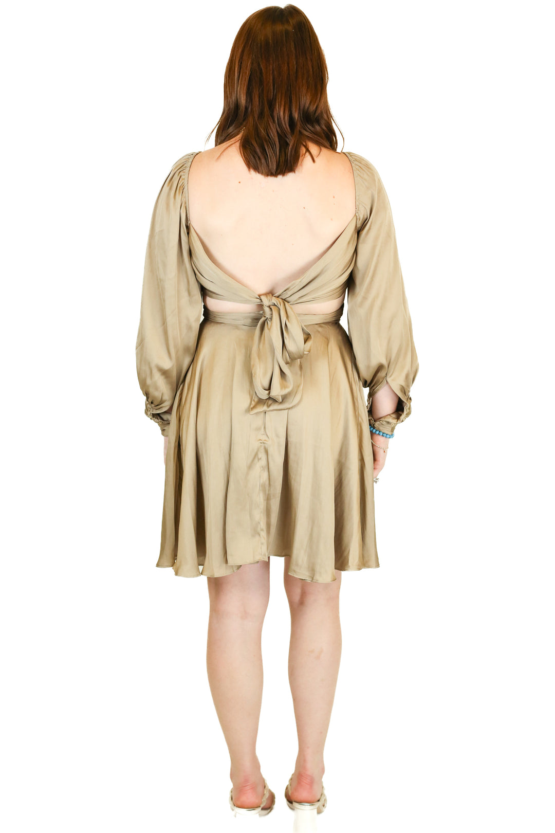 Lucca Taupe Satin Cutout Midi Dress NWT (S)