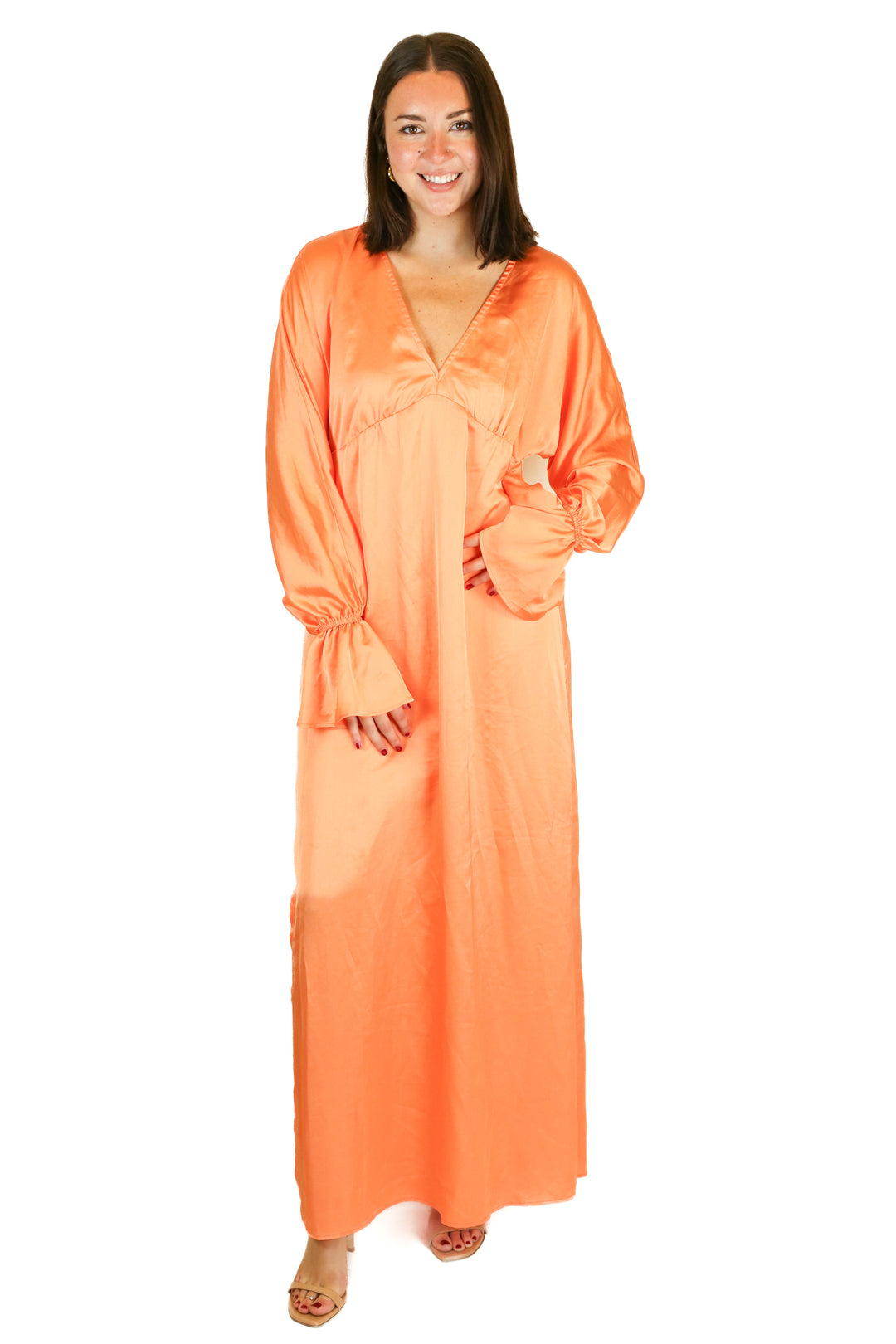 Show Me Your Mumu Orange Satin Maxi Dress (S)